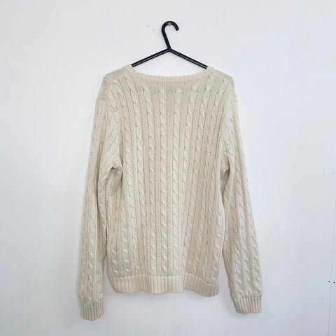Ralph Lauren Sport Cable-Knit Jumper Womens Size XL Cream Crewneck Sweater Logo