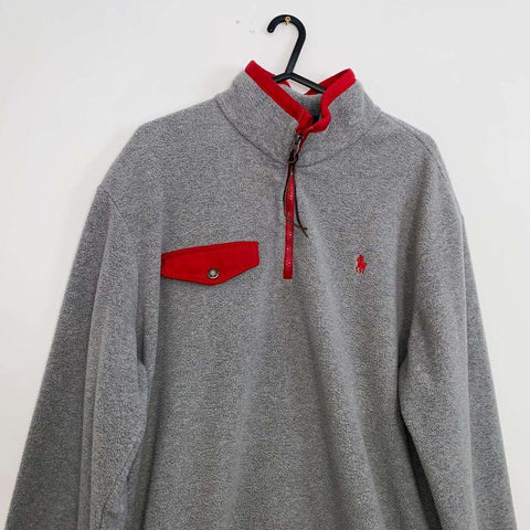 Polo Ralph Lauren 1/4 Zip Pullover Fleece Mens Size L Grey Logo Snap Pocket - Stock Union