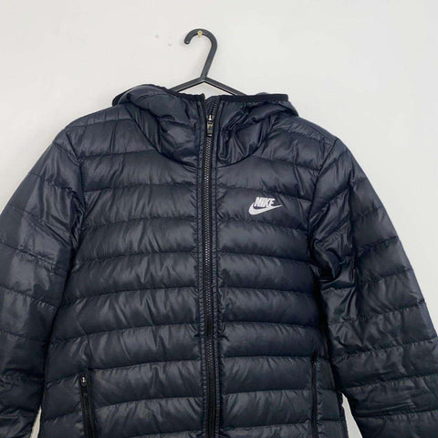 Nike Lightweight Down Fill Hooded Jacket Puffer Womens Size S Black Logo Swoosh - Stock Union