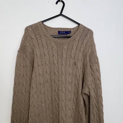 Polo Ralph Lauren Cable-Knit Jumper Mens Size L Beige Crewneck Sweater Logo. - Stock Union