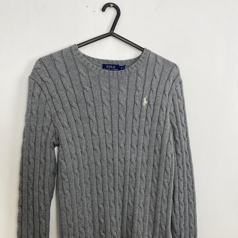 Polo Ralph Lauren Cable-Knit Jumper Womens Size S Grey Crewneck Sweater Logo.