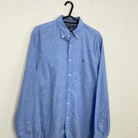 Tommy Hilfiger Cotton Linen Blend Button-Up Shirt Mens Size S Blue Holiday L/S. - Stock Union