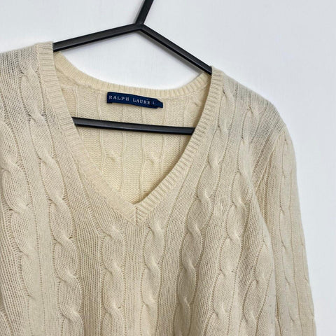 Ralph Lauren Cable-Knit Jumper Womens Size L [Fit as M] Cream Wool Blend V-Neck - Stock Union