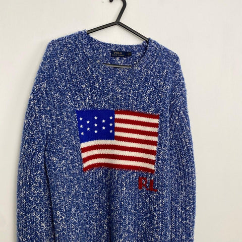 Polo Ralph Lauren USA Flag Knitted Jumper Womens Size L Blue Sweater Wool Blend - Stock Union