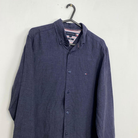Tommy Hilfiger 100 % Linen Button-Up Shirt Mens Size S Navy Holiday Long-Sleeve. - Stock Union