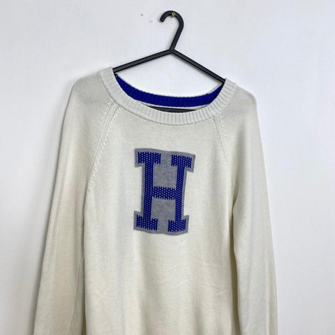 Tommy Hilfiger Retro Sweater Jumper College Style Womens Size M Cream Blue Knit.