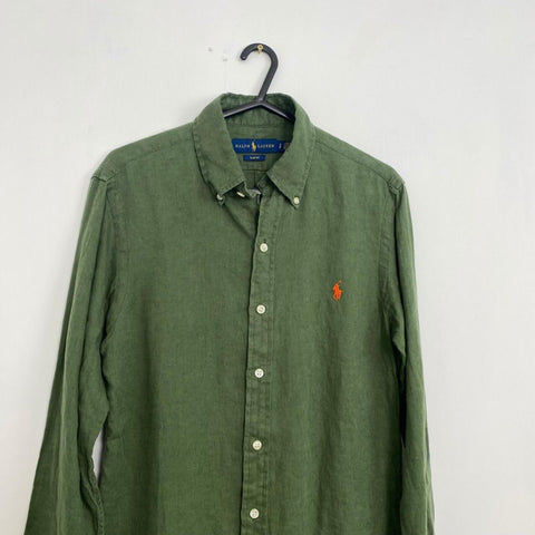 Polo Ralph Lauren Linen Button-Up Shirt Mens Size S Green Olive Summer Logo.