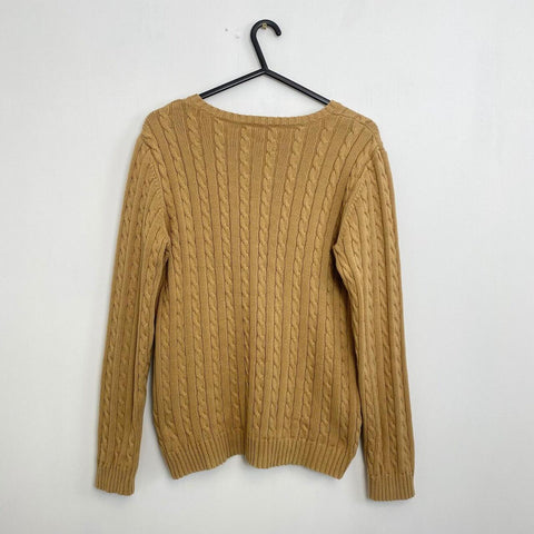 Ralph Lauren Cable-Knit Jumper Womens Size M Beige V-Neck Sweater Preppy RL Logo - Stock Union
