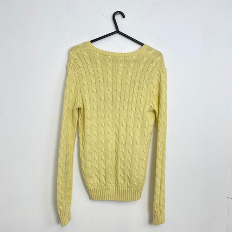 Ralph Lauren Sport Cable-Knit Jumper Womens Size M Yellow V-Neck Sweater Logo - Stock Union