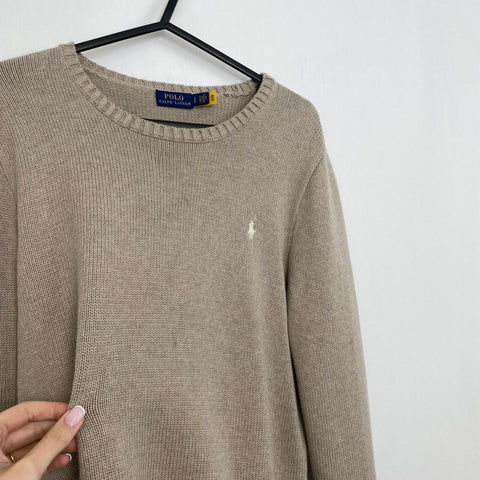 Polo Ralph Lauren Knitted Jumper Womens Size L Beige Oatmeal Crew Sweater Logo.