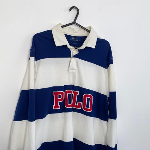 Polo Ralph Lauren Logo Spellout Rugby Shirt Top Mens Size XL Navy White Striped.