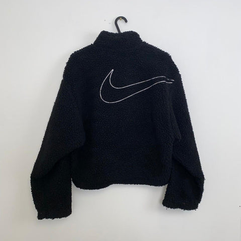Nike Cropped Sherpa Jacket Fleece Teddy Womens Size S Black Swoosh Logo.