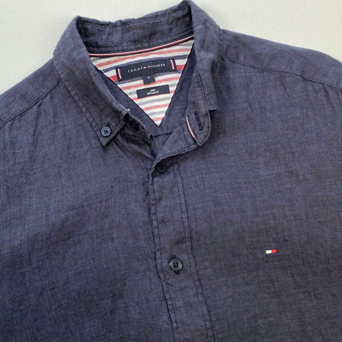 Tommy Hilfiger 100 % Linen Button-Up Shirt Mens Size S Navy Holiday Long-Sleeve. - Stock Union