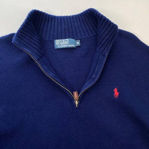Vintage Polo Ralph Lauren Quarter-Zip Jumper Mens Size M Navy Blue 1/4 Zip Knit.