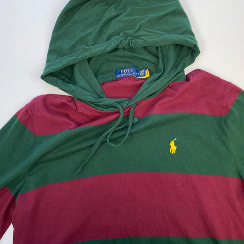 Polo Ralph Lauren Lightweight Hoodie Rugby Mens Size M Green / Burgundy Striped - Stock Union