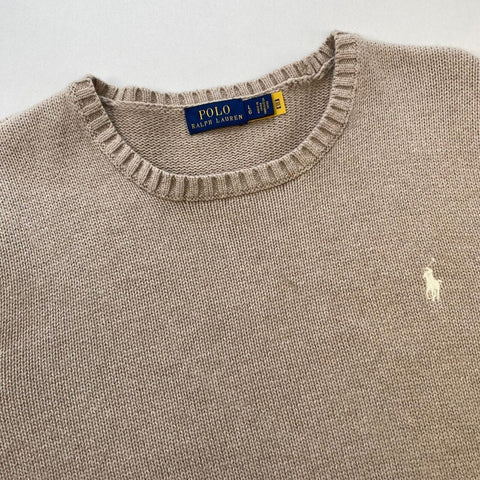 Polo Ralph Lauren Knitted Jumper Womens Size L Beige Oatmeal Crew Sweater Logo.