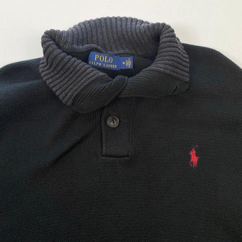 Polo Ralph Lauren Knit Jumper Button High Neck Mens Size M Black Sweater Logo. - Stock Union