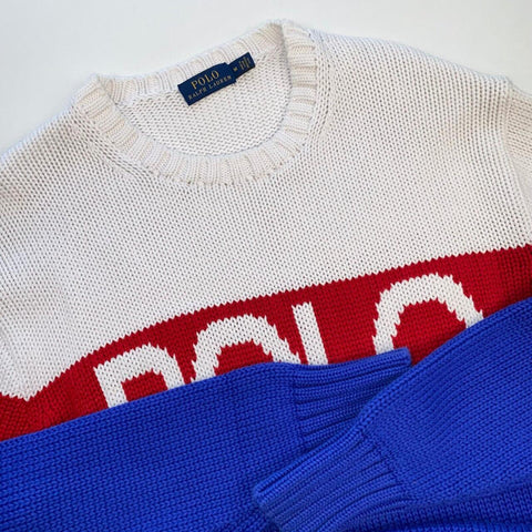 Polo Ralph Lauren Knitted Jumper Colorblock Mens Size M Sweater Blue Red White - Stock Union