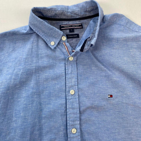 Tommy Hilfiger Cotton Linen Blend Button-Up Shirt Mens Size L Blue Holiday S/S. - Stock Union