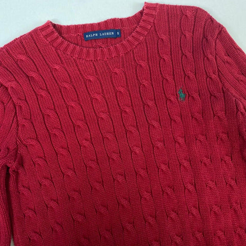 Ralph Lauren Cable-Knit Jumper Womens Size S Red Crewneck Sweater Logo.