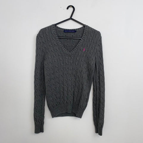 Ralph Lauren Sport Cable-Knit Jumper Womens Size S Grey V-Neck Sweater Preppy. - Stock Union