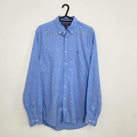 Tommy Hilfiger Cotton Linen Blend Button-Up Shirt Mens Size S Blue Holiday L/S. - Stock Union