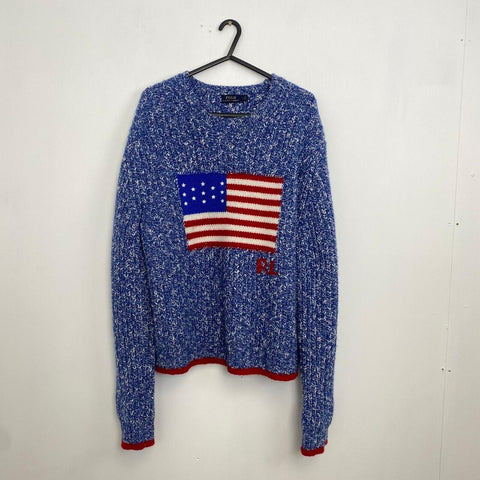 Polo Ralph Lauren USA Flag Knitted Jumper Womens Size L Blue Sweater Wool Blend - Stock Union