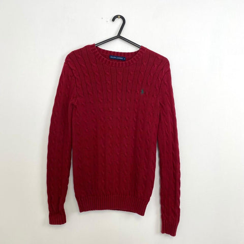 Ralph Lauren Cable-Knit Jumper Womens Size S Red Crewneck Sweater Logo.
