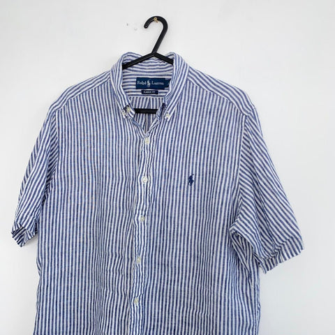Ralph Lauren Linen Button-Up Shirt Mens Size M Striped Navy White Short-Sleeve.