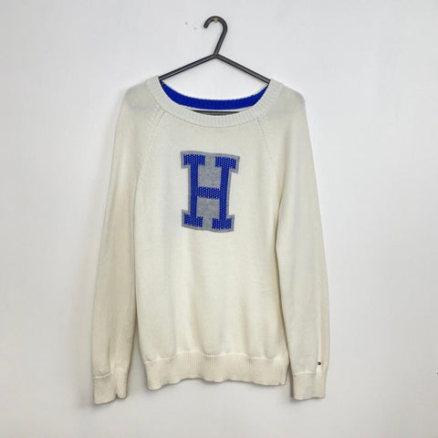 Tommy Hilfiger Retro Sweater Jumper College Style Womens Size M Cream Blue Knit.