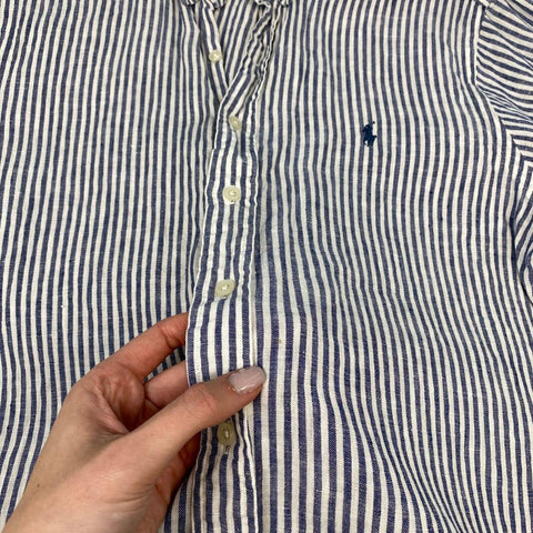 Ralph Lauren Linen Button-Up Shirt Mens Size M Striped Navy White Short-Sleeve.