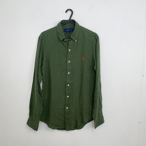 Polo Ralph Lauren Linen Button-Up Shirt Mens Size S Green Olive Summer Logo.