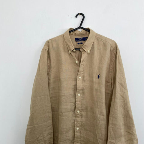 Polo Ralph Lauren Linen Shirt Long-Sleeve Mens Size L Beige Button-Up Preppy.