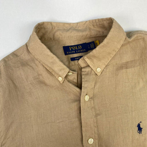 Polo Ralph Lauren Linen Shirt Long-Sleeve Mens Size L Beige Button-Up Preppy.