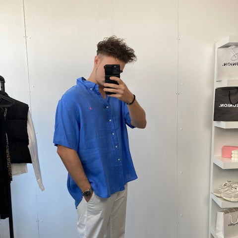 Ralph Lauren Linen Button-Up Shirt Mens Size XXL Blue Short-Sleeve Ocean Wash.