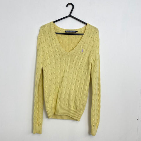 Ralph Lauren Sport Cable-Knit Jumper Womens Size M Yellow V-Neck Sweater Logo - Stock Union