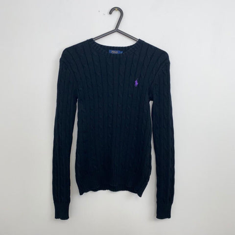 Polo Ralph Lauren Cable-Knit Jumper Womens Size S Black Sweater Crewneck Logo.