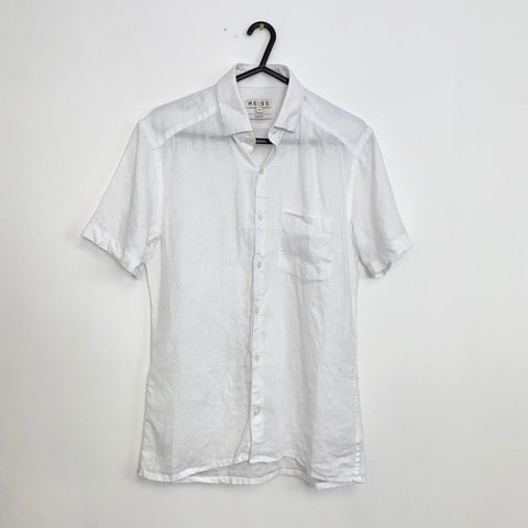 Reiss 100 % Linen Button-Up Shirt Mens Size XS White Slim Holiday Short-Sleeve. - Stock Union