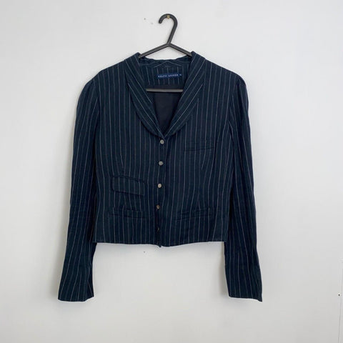 Ralph Lauren Cropped Blazer Jacket Pinstripe Womens Size 10 Navy Linen Blend - Stock Union