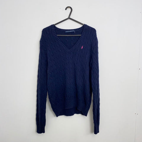 Ralph Lauren Sport Cable-Knit Jumper Womens Size XL Navy V-Neck Sweater Logo - Stock Union