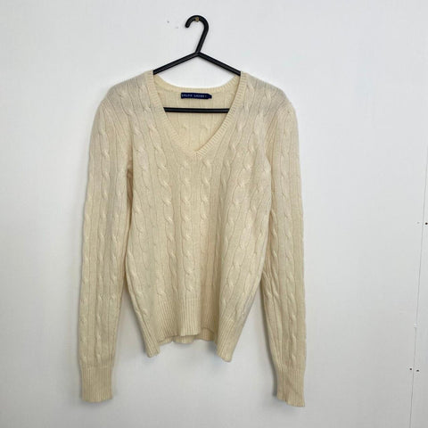 Ralph Lauren Cable-Knit Jumper Womens Size L [Fit as M] Cream Wool Blend V-Neck - Stock Union