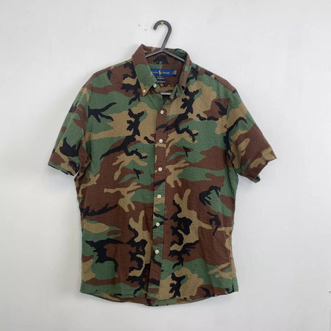 Ralph Lauren Seersucker Camo Button-Up Shirt Mens Size S Green Army Untucked Fit