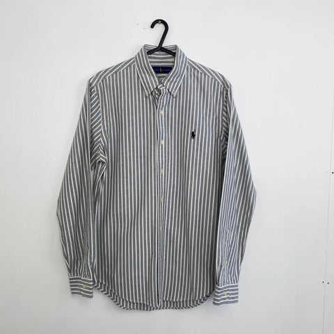 Ralph Lauren Striped Button-Up Shirt Mens Size S Grey White Holiday Long-Sleeve.