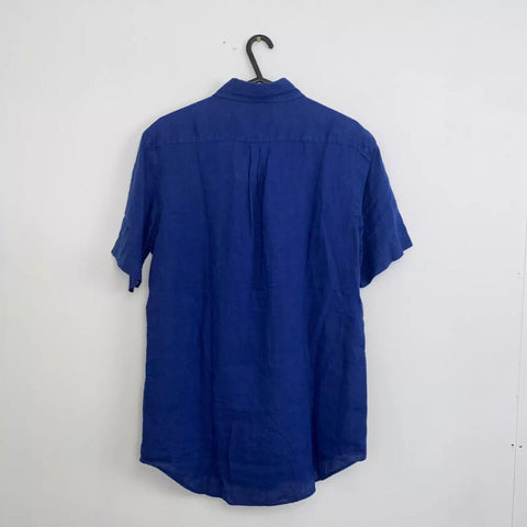 Ralph Lauren 100 % Linen Button-Up Shirt Mens Size S Navy Holiday Short-Sleeve.
