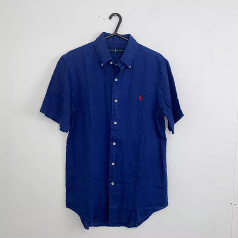 Ralph Lauren 100 % Linen Button-Up Shirt Mens Size S Navy Holiday Short-Sleeve.