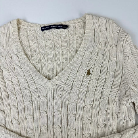 Ralph Lauren Sport Womens Cable-Knit Jumper Size M Cream V-Neck Logo