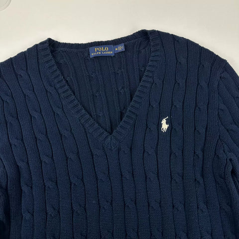 Polo Ralph Lauren Womens Cable-Knit Jumper Size M Navy V-Neck Sweater Logo