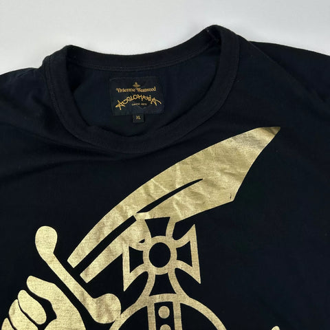 Vivienne Westwood Anglomania Mens T-Shirt Size XL Black Arm &amp; Cutlass Gold Tee.