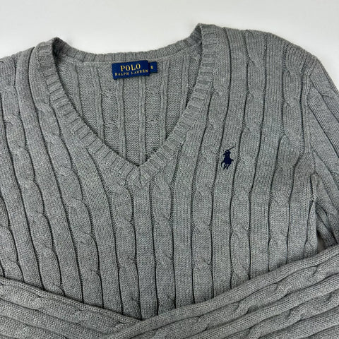 Polo Ralph Lauren Womens Cable-Knit Jumper Size S Grey V-Neck Sweater Logo