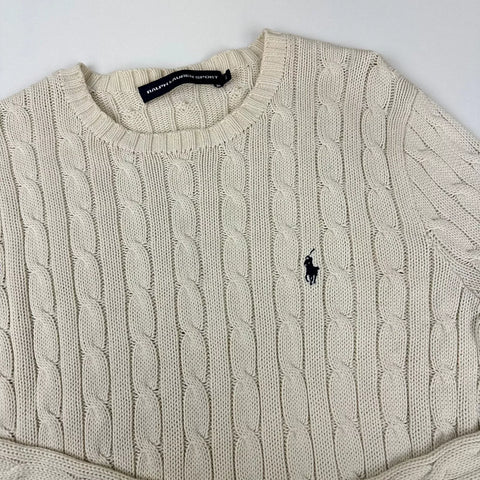 Ralph Lauren Womens Cable-Knit Jumper Size L Cream Crewneck Sweater Logo.